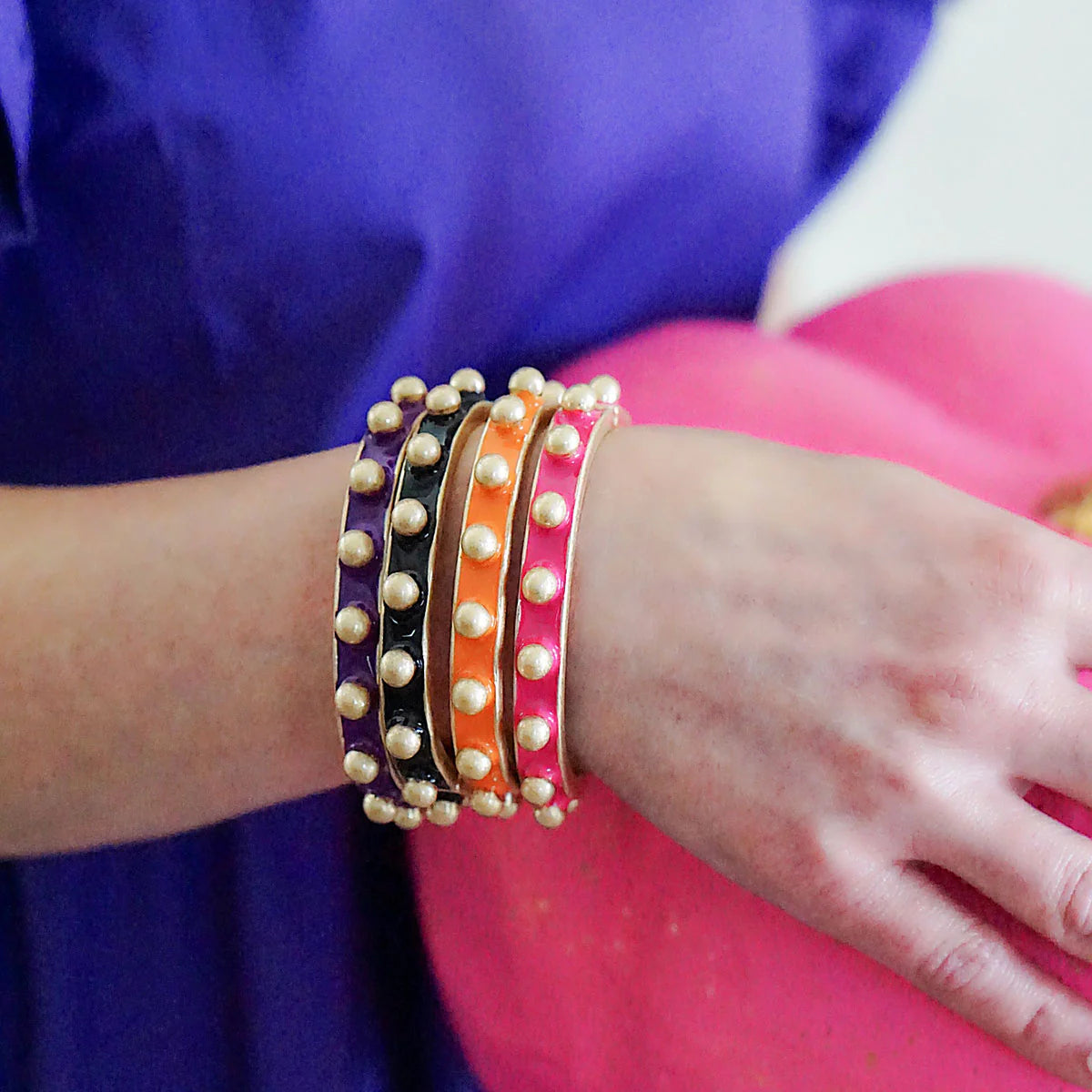 Jenna Chunky Enamel Studded Metal Hinge Bangle in Black - Findlay Rowe Designs