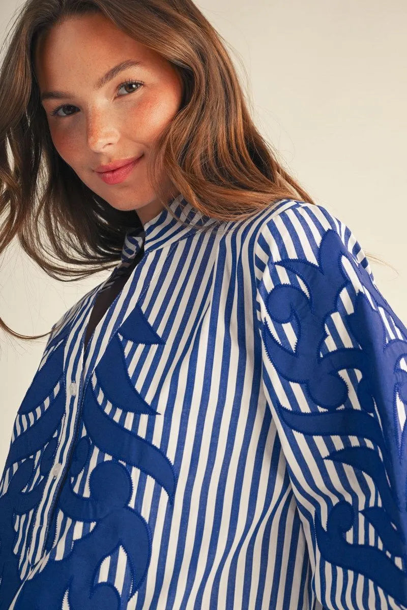Jodifil - Top - 3/4 Sleeve Baroque - Blue Stripe - Findlay Rowe Designs
