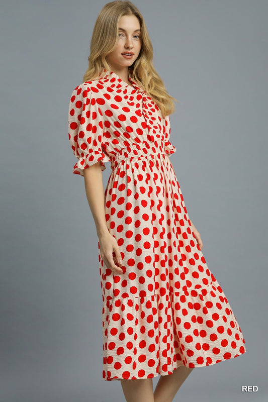 Umgee - Dress - Polka Dot Ruffle Smocked Midi - Red White - Findlay Rowe Designs