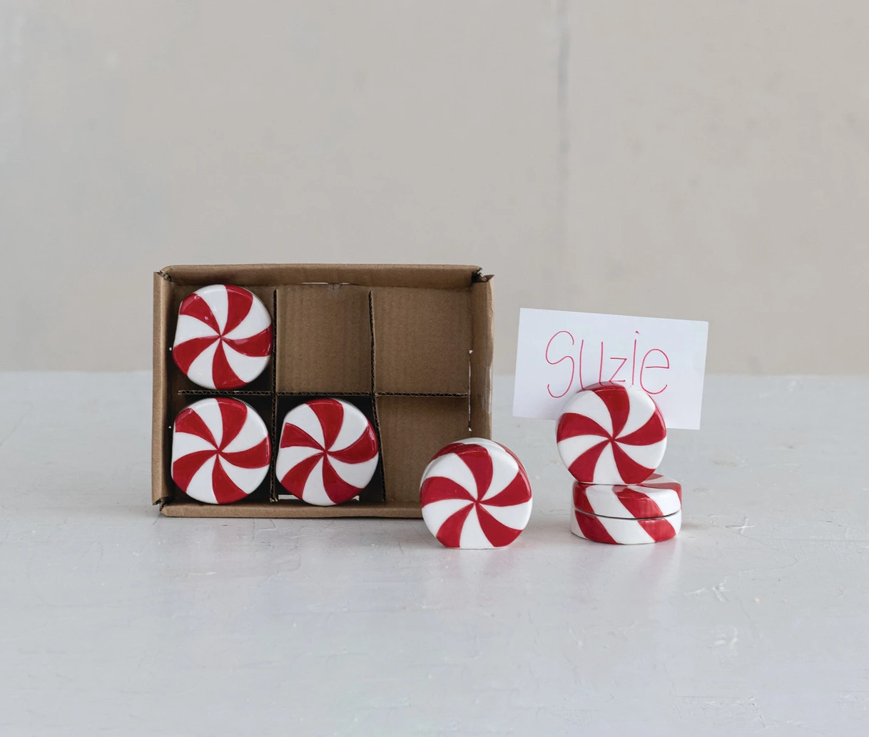 Card Holder - Stoneware Peppermint Candy Shaped - Set of 6