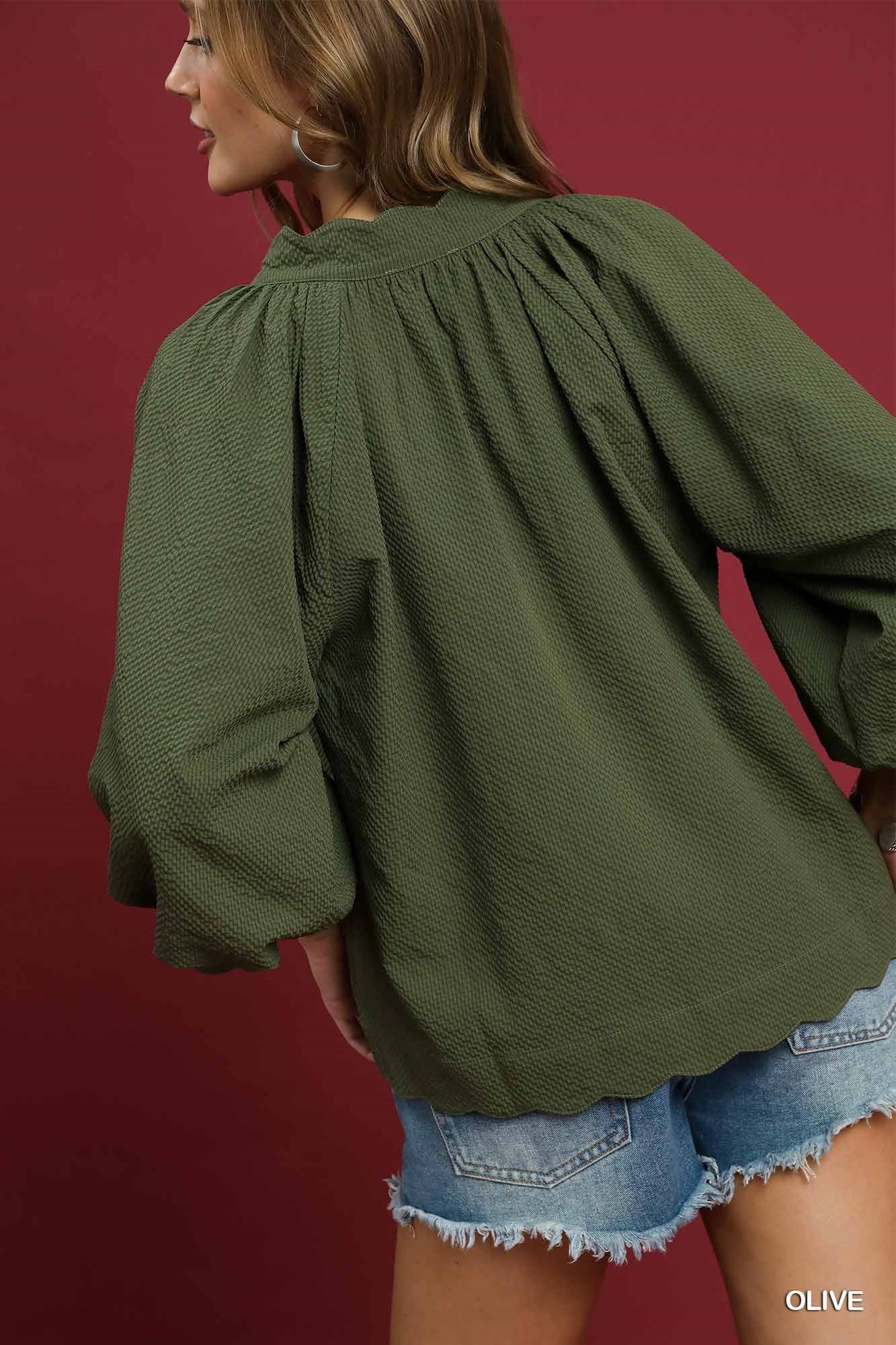 Umgee - Top - V Neck Balloon Sleeves  - Olive