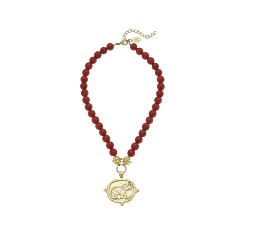 Susan Shaw - Necklace - Elephant Intaglio - Red Coral