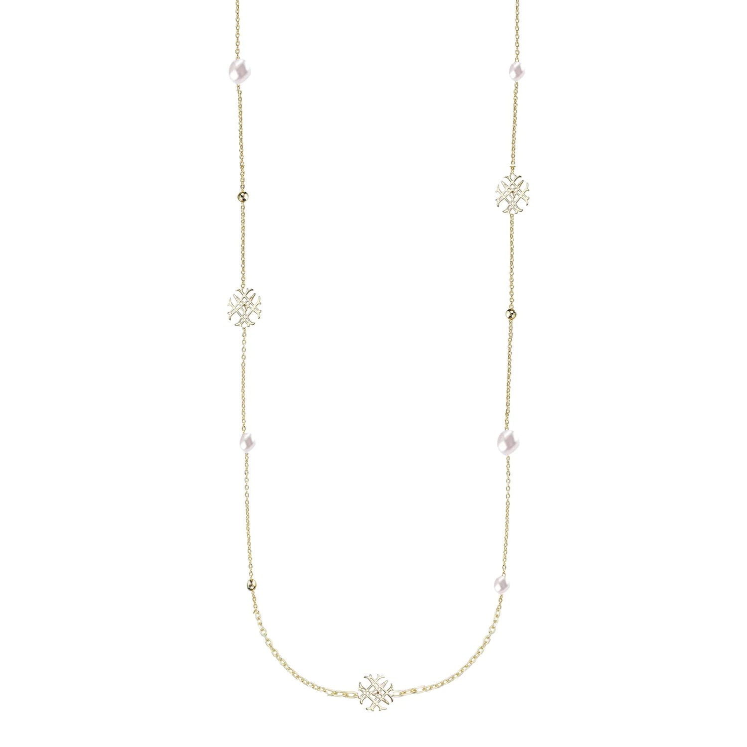 Natalie Wood - Adorned Pearl Logo Station Necklace in Gold - Findlay Rowe Designs