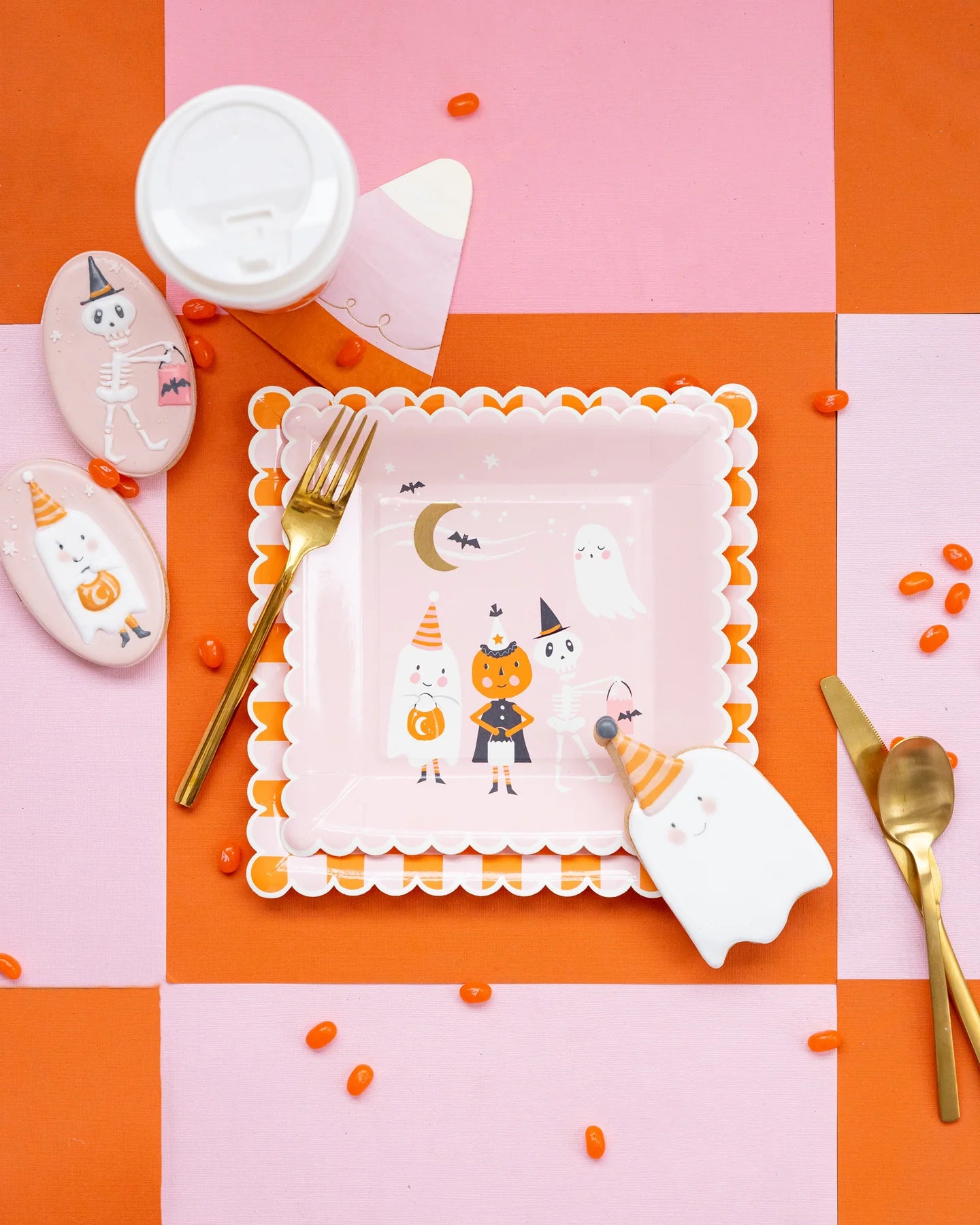 Paper Plate - Ghoul Gang 9in - Orange Checkered