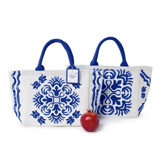 Lunch Tote Bag - Tile Block Printed - Blue - Findlay Rowe Designs