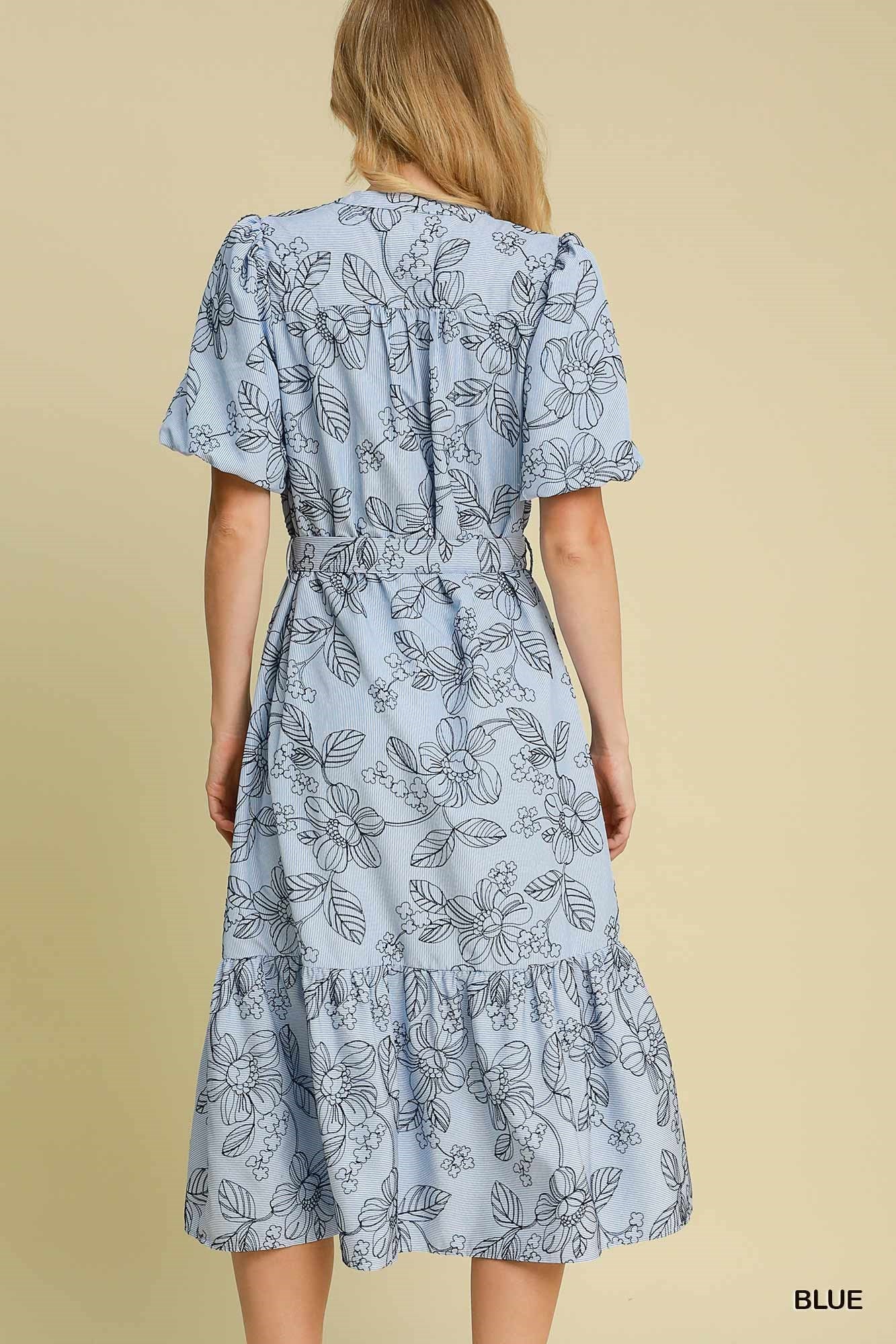 Dress - Midi - Embroidered Floral Print - Blue - Findlay Rowe Designs