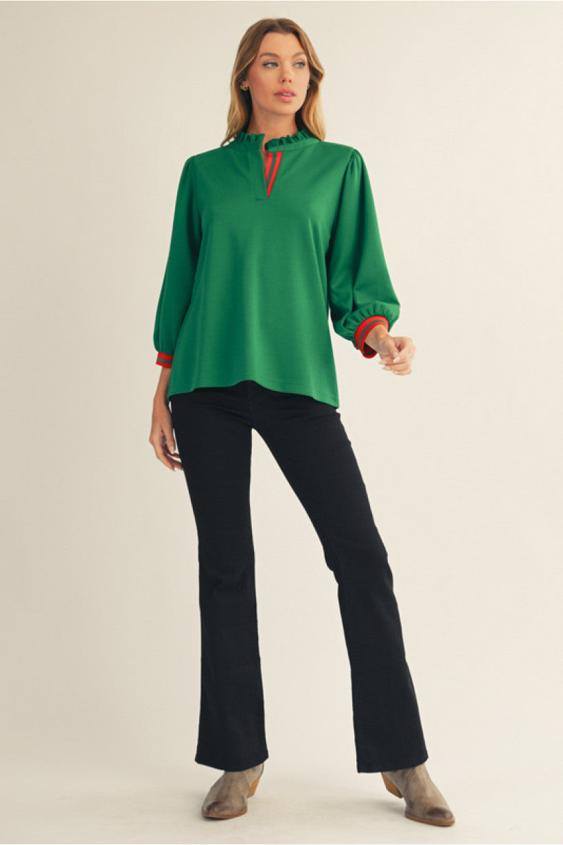 Top - 3/4 Sleeve - Green with Red Trim