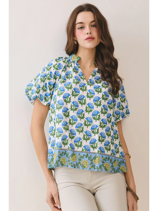 Top - Midi Flutter Sleeve - Blue Floral - Findlay Rowe Designs
