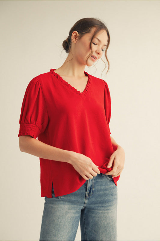 Top - Puff Sleeve V-neck - Tomato Red