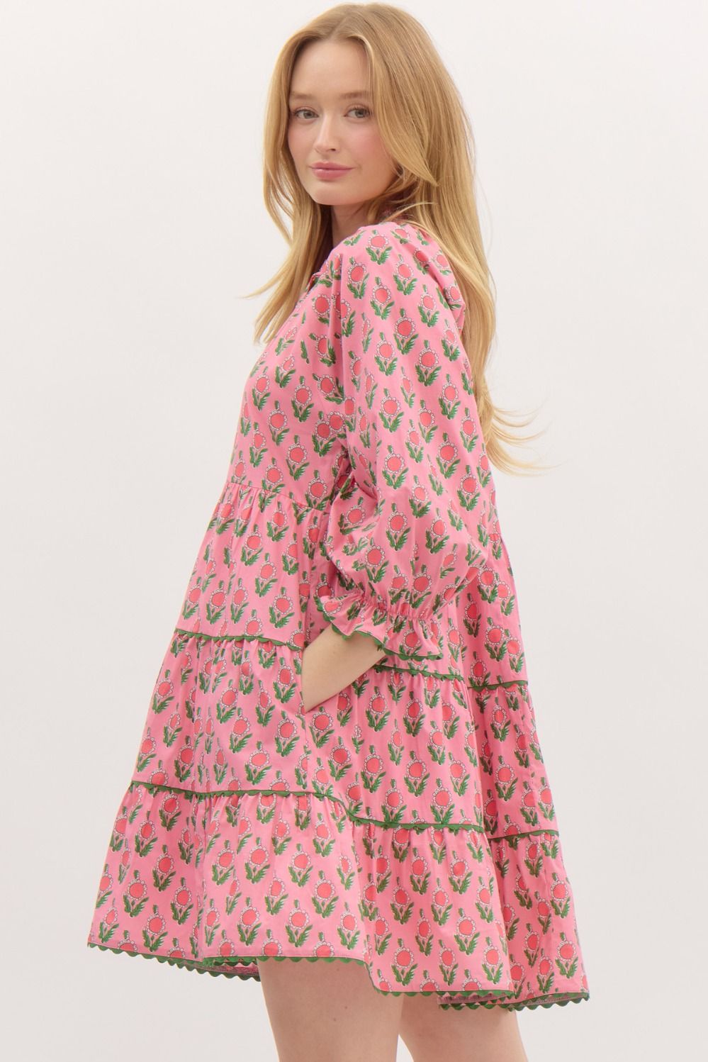 Dress - Pink Tiered Print - Scallop Trim Inset - Findlay Rowe Designs