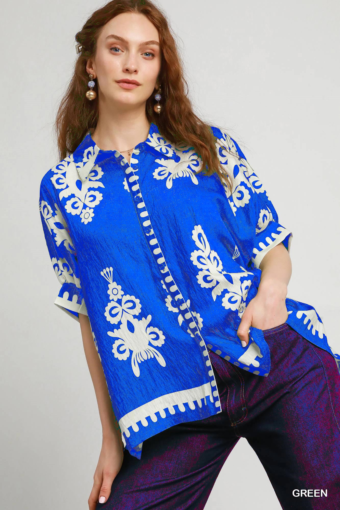 Top - Oversized Abstract Print Button Down - Cobalt - Findlay Rowe Designs