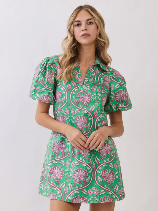 Dress - Mini - Puff Sleeve Paisley - Green Pink - Findlay Rowe Designs