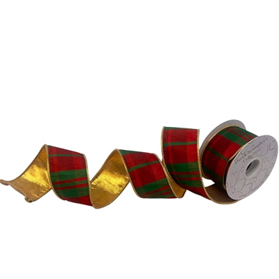 Decor Ribbon - 2.5in Modern Plaid - Red Green Gold Lamé