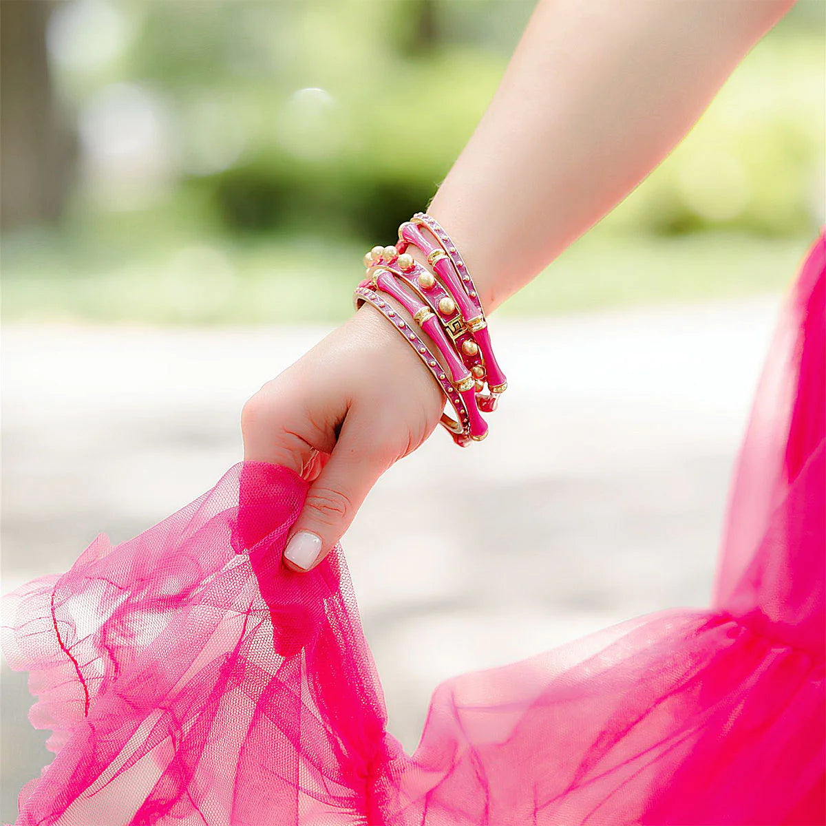 Jenna Chunky Enamel Studded Metal Hinge Bangle in Fuchsia - Findlay Rowe Designs