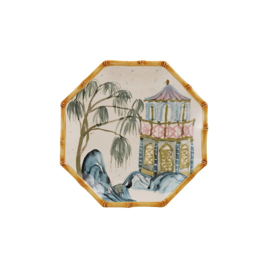 Stoneware Octagon Plate - Hand-Painted Palm and Pine - Findlay Rowe Designs