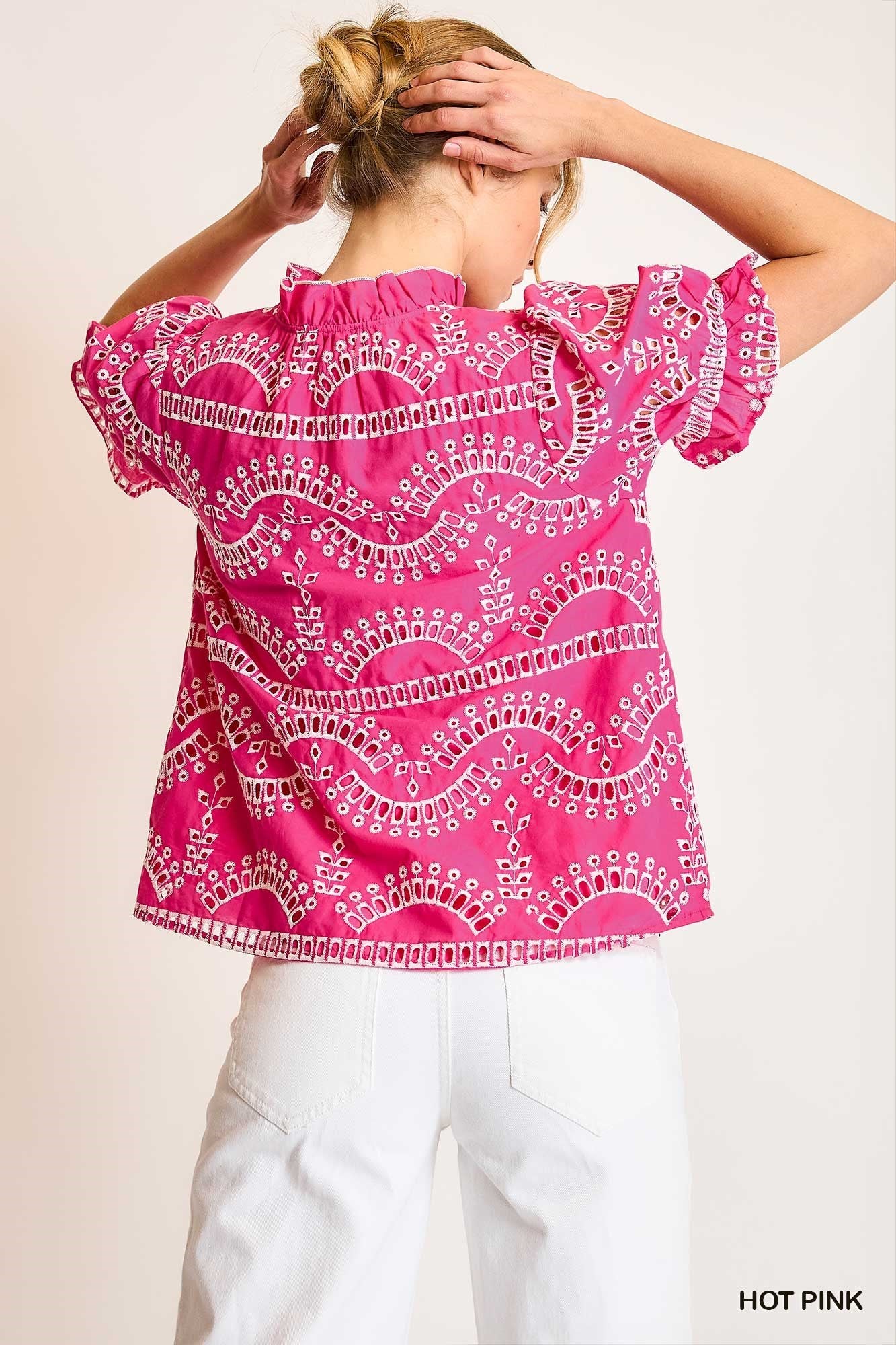 Umgee - Top - Embroidered Puff Sleeve Blouse - Off White Blue