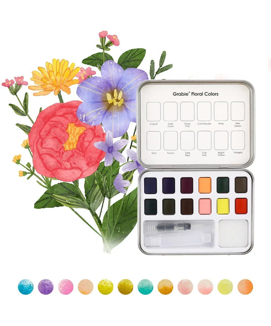 Grabie - Watercolor Pocket Set Of 12 With Brush - Floral Colors