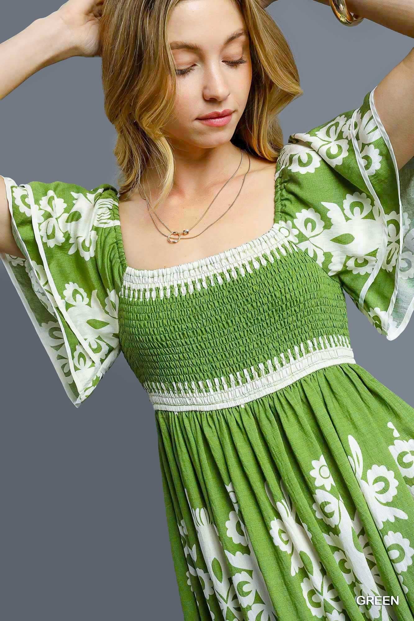 Umgee - Dress - Santorini Breeze Smocked Midi - Green