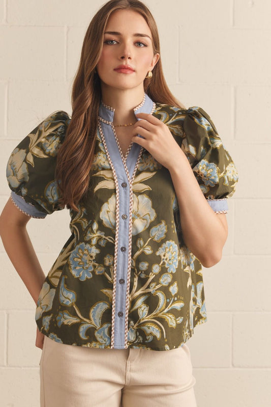 Entro - Top - Puff Sleeve Contrast Binding - Floral Olive - Findlay Rowe Designs