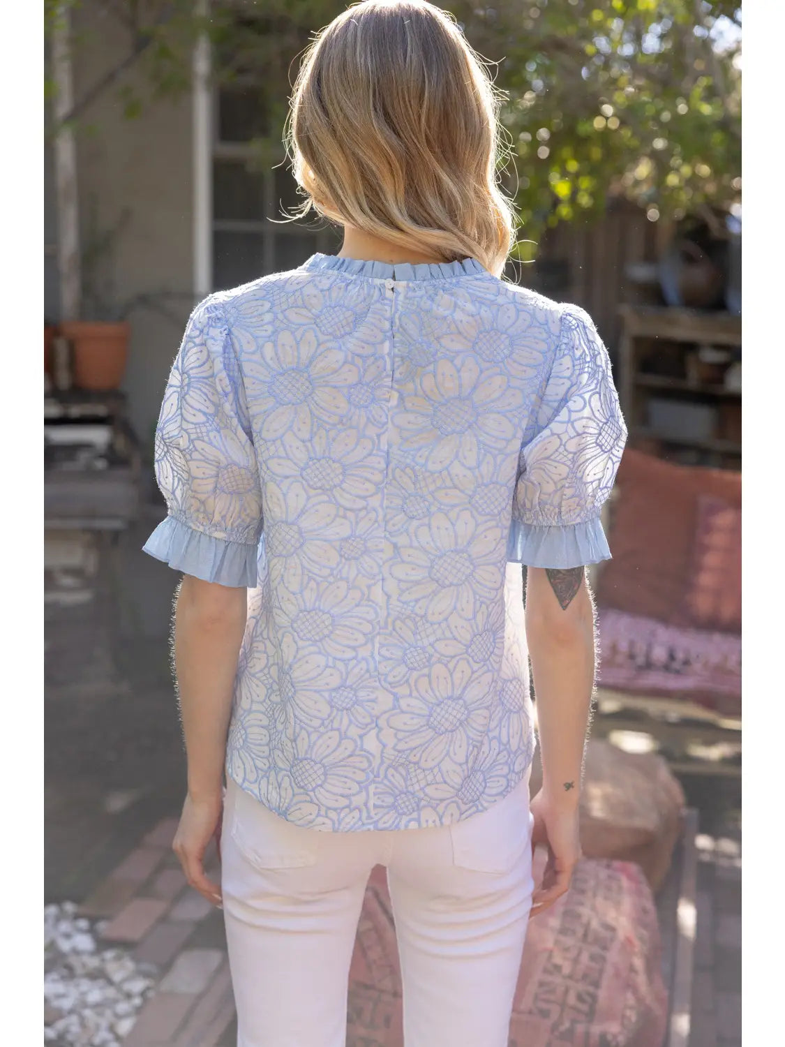 Contrast Ruffle Embroidered Floral Top Slate Blue
