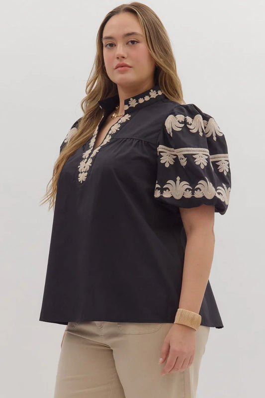 Clearance - Entro - Plus Size Top - V Neck Embroidered - Black