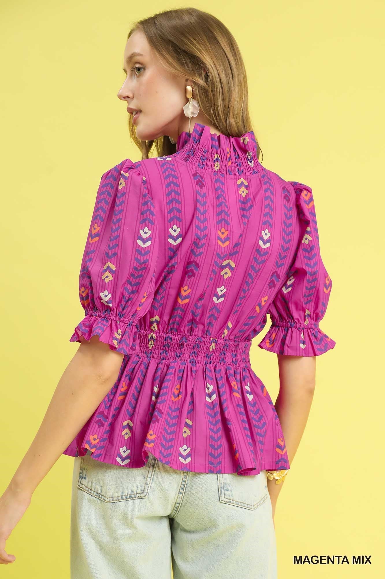 Umgee - Top - Smocked Waist Printed Blouse - Magenta - Findlay Rowe Designs