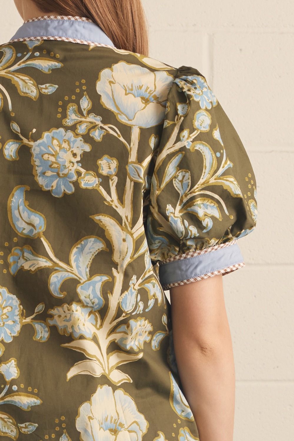 Entro - Top - Puff Sleeve Contrast Binding - Floral Olive - Findlay Rowe Designs