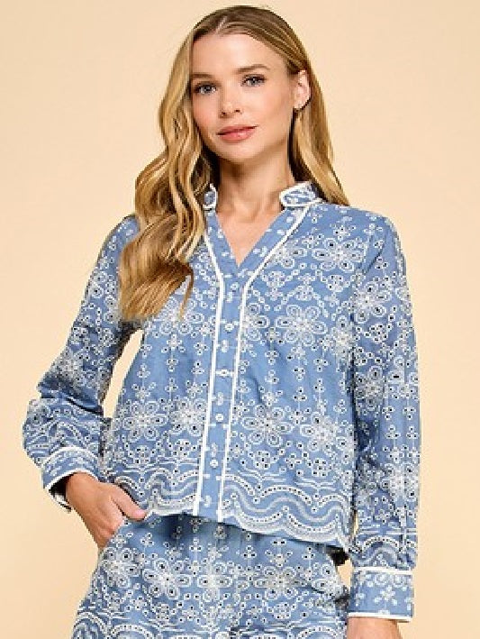 Top - Blue Eyelet Long Sleeve - Findlay Rowe Designs