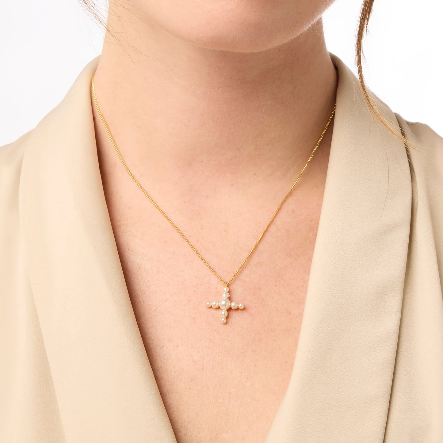 Julie Vos - Necklace - Gumdrop Cross Delicate - Pearl - Findlay Rowe Designs