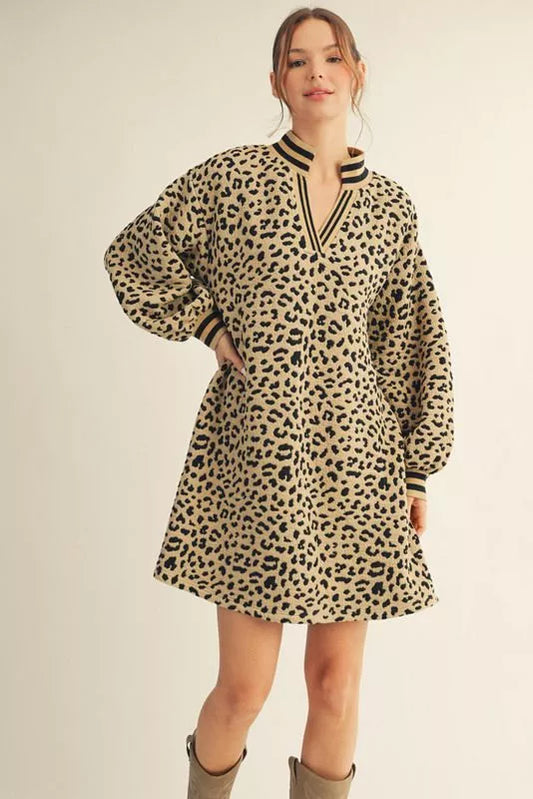Dress- Mini Leopard Print V Neck