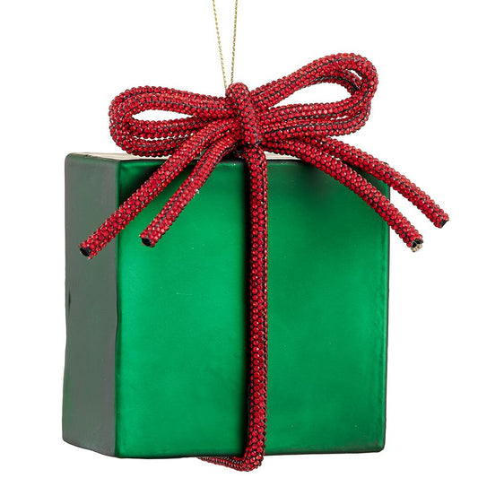 Ornament - 4.5" Glass Cube Ornament - Diamond Bow - Green