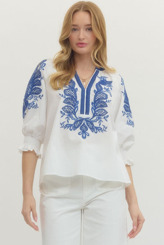 Entro - Top - V-Neck Embroidered - Off White Royal Blue - Findlay Rowe Designs