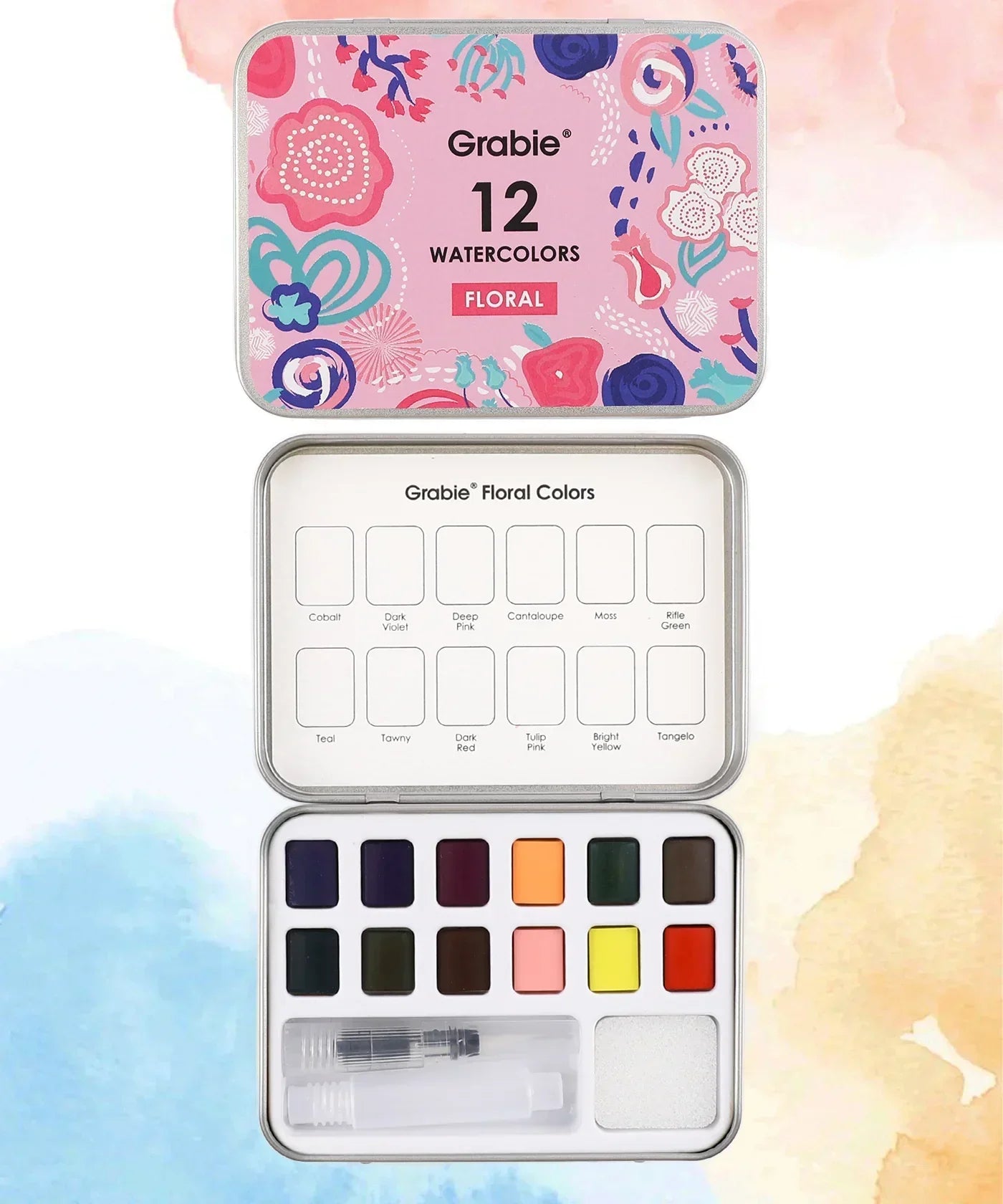 Grabie - Watercolor Pocket Set Of 12 With Brush - Floral Colors - Findlay Rowe Designs