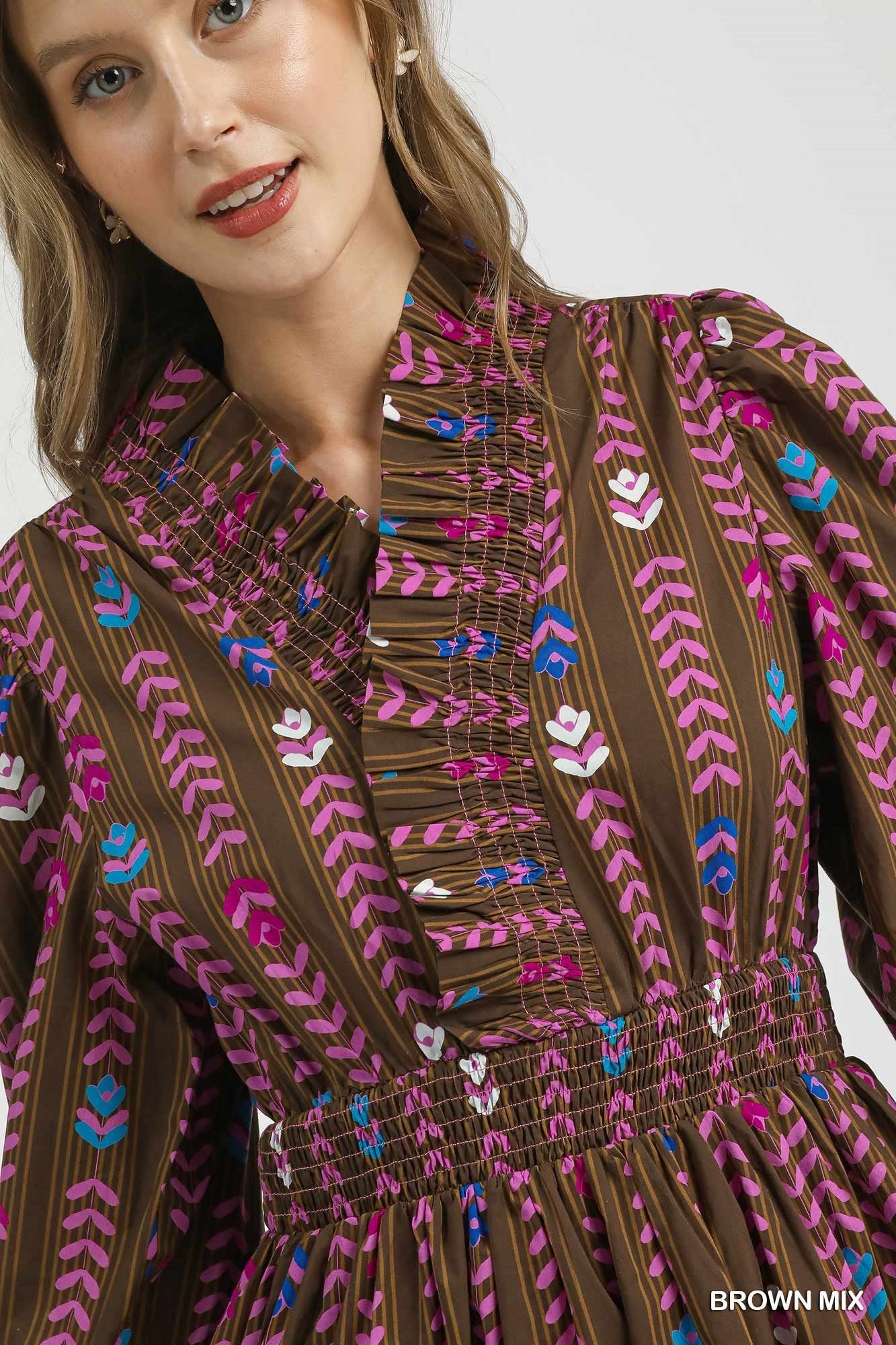 Dress - Striped Floral Ruffle Collar Midi - Brown - Findlay Rowe Designs