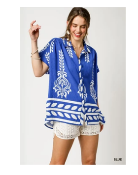 Umgee - Top - Bold Print Oversized Button-Up Shirt - Cobalt