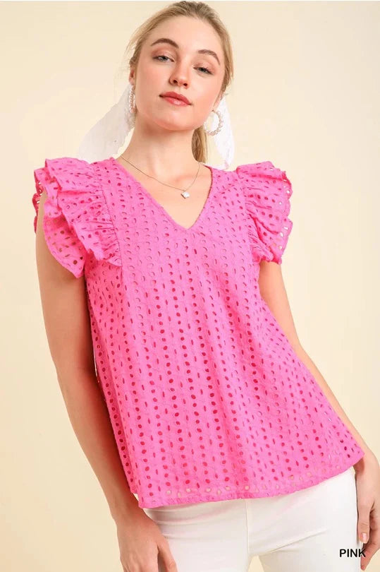 Umgee - Top - Lined V-Neck Eyelet Top Flutter Sleeves - Pink