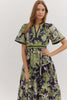 Entro - Dress - Floral Contrast Trim Midi - Navy Green