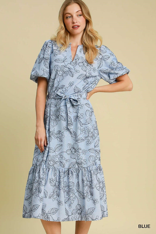 Dress - Midi - Embroidered Floral Print - Blue - Findlay Rowe Designs