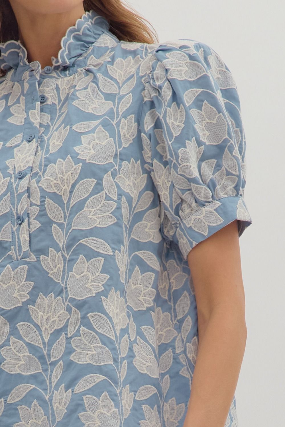 Entro - Top - Botanical Embroidery Puff Sleeve - Chambray - Findlay Rowe Designs
