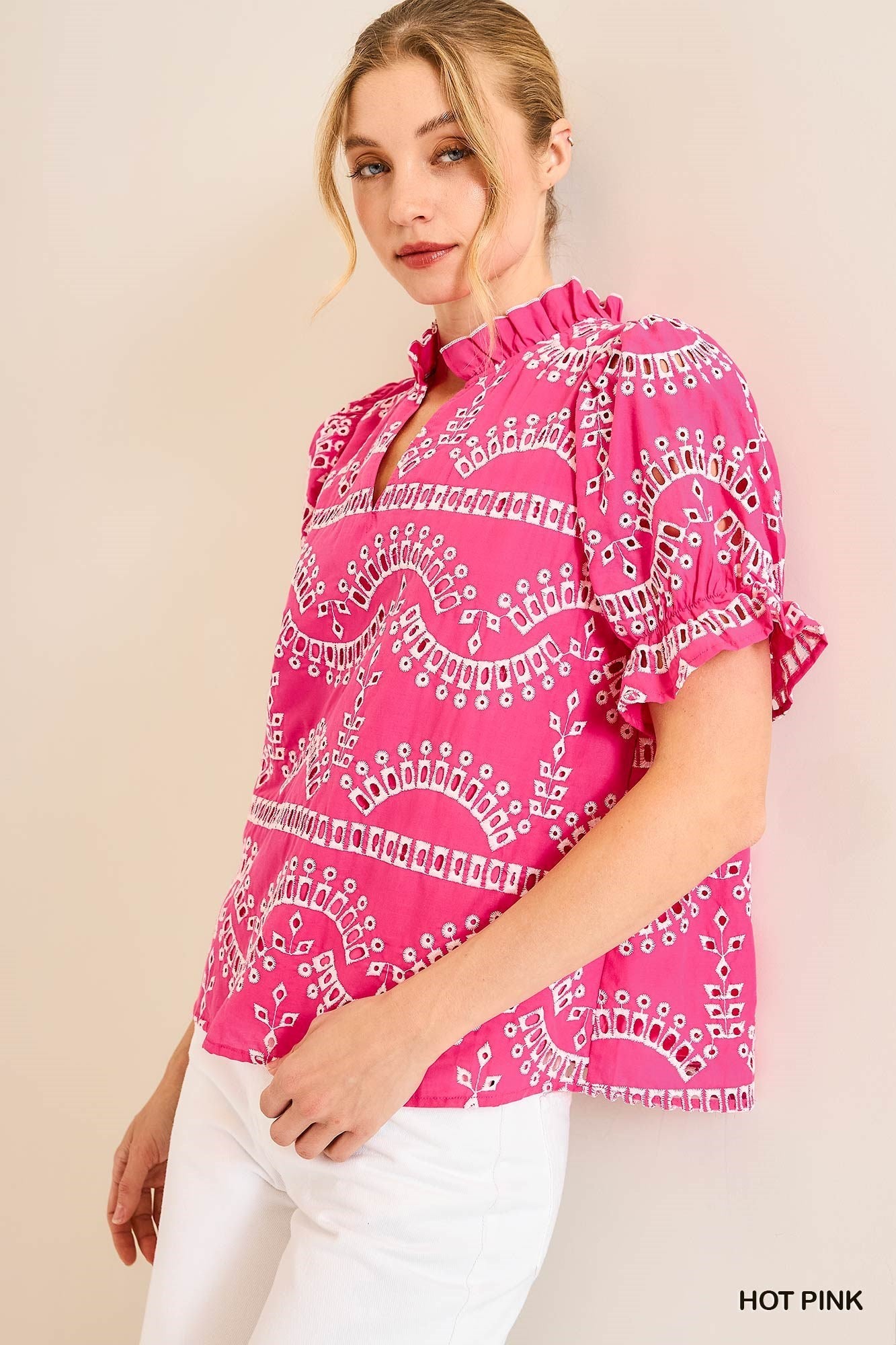Umgee - Top - Embroidered Puff Sleeve Blouse - Off White Blue