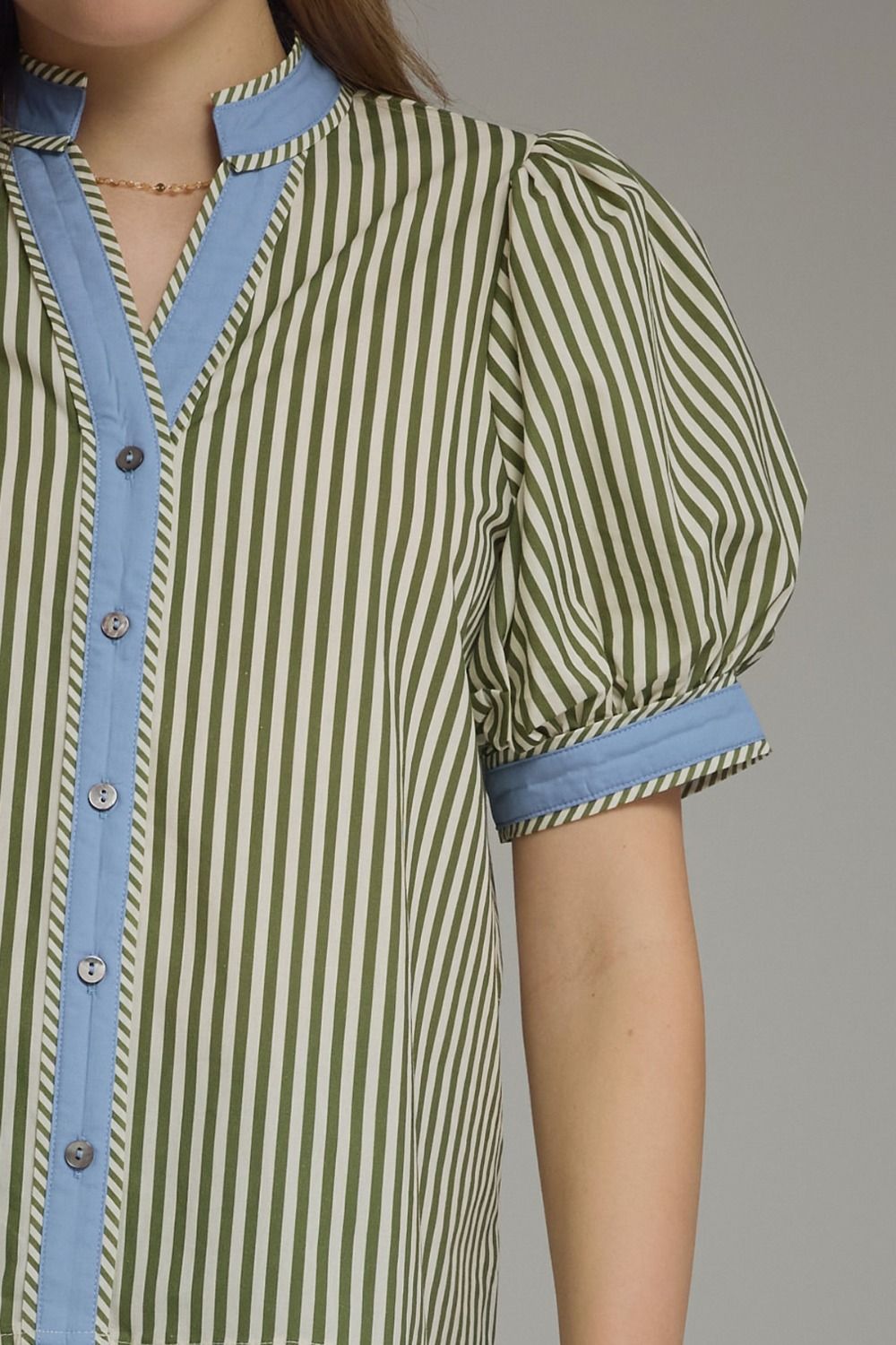 Entro - Top - V-Neck Puff Contrast Binding - Olive - Findlay Rowe Designs