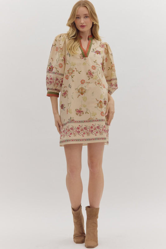 Entro - Dress - Botanical Print Mini - Ecru