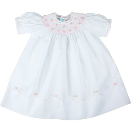 Pearl Flower Bishop Dress-White with Pink Flowers 3mo - Findlay Rowe Designs