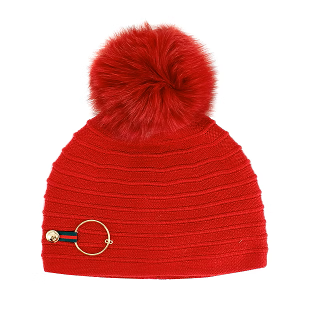 Beanie Fox Fur PomPom - Red