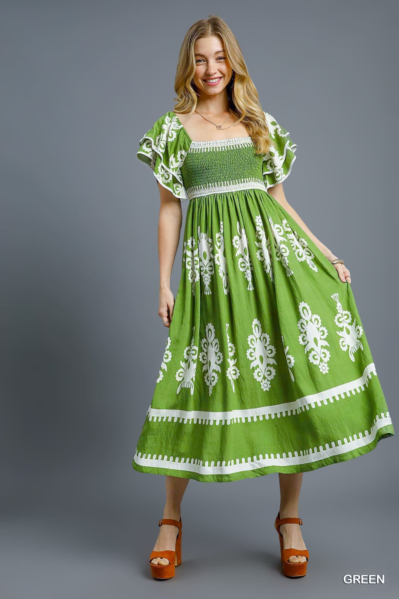 Umgee - Dress - Santorini Breeze Smocked Midi - Green
