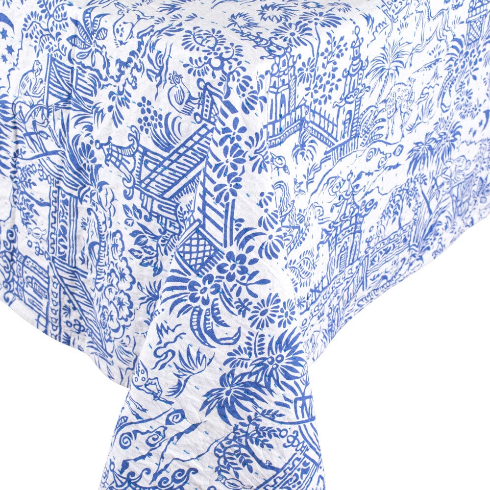 Caspari - Tablecloth - Reversible Kantha - Blue White Pagoda Toile