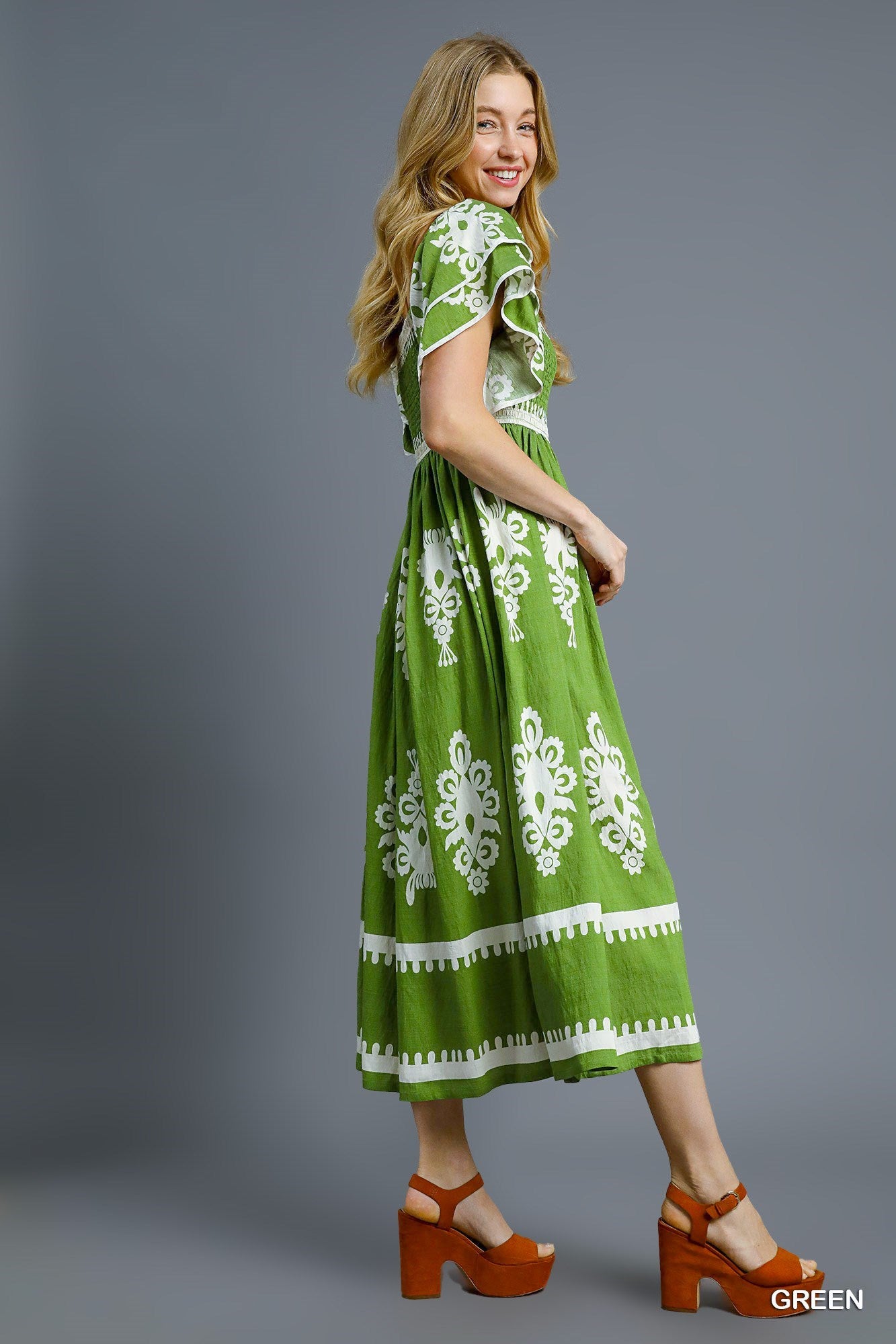 Umgee - Dress - Santorini Breeze Smocked Midi - Green