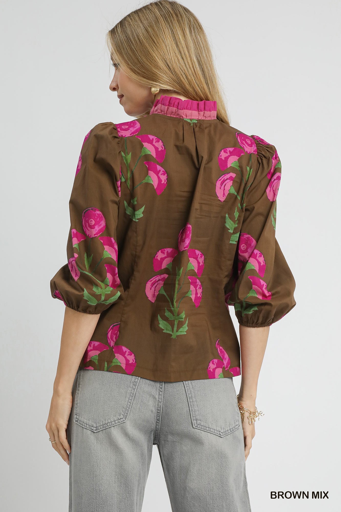 Umgee - Top - Floral Print Ruffle - Brown Mix