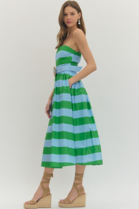 Entro - Dress - Strapless Midi - Green Blue Stripe - Findlay Rowe Designs