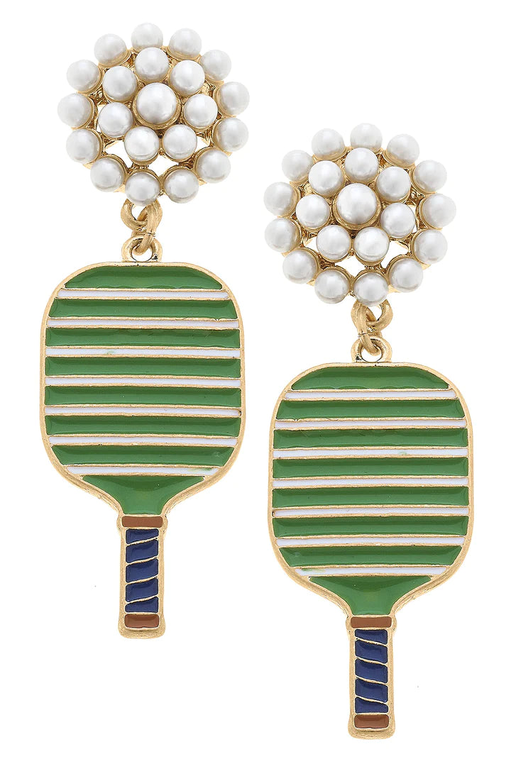 Ellie Pickleball Pearl Cluster Drop Earrings in Green - Findlay Rowe Designs